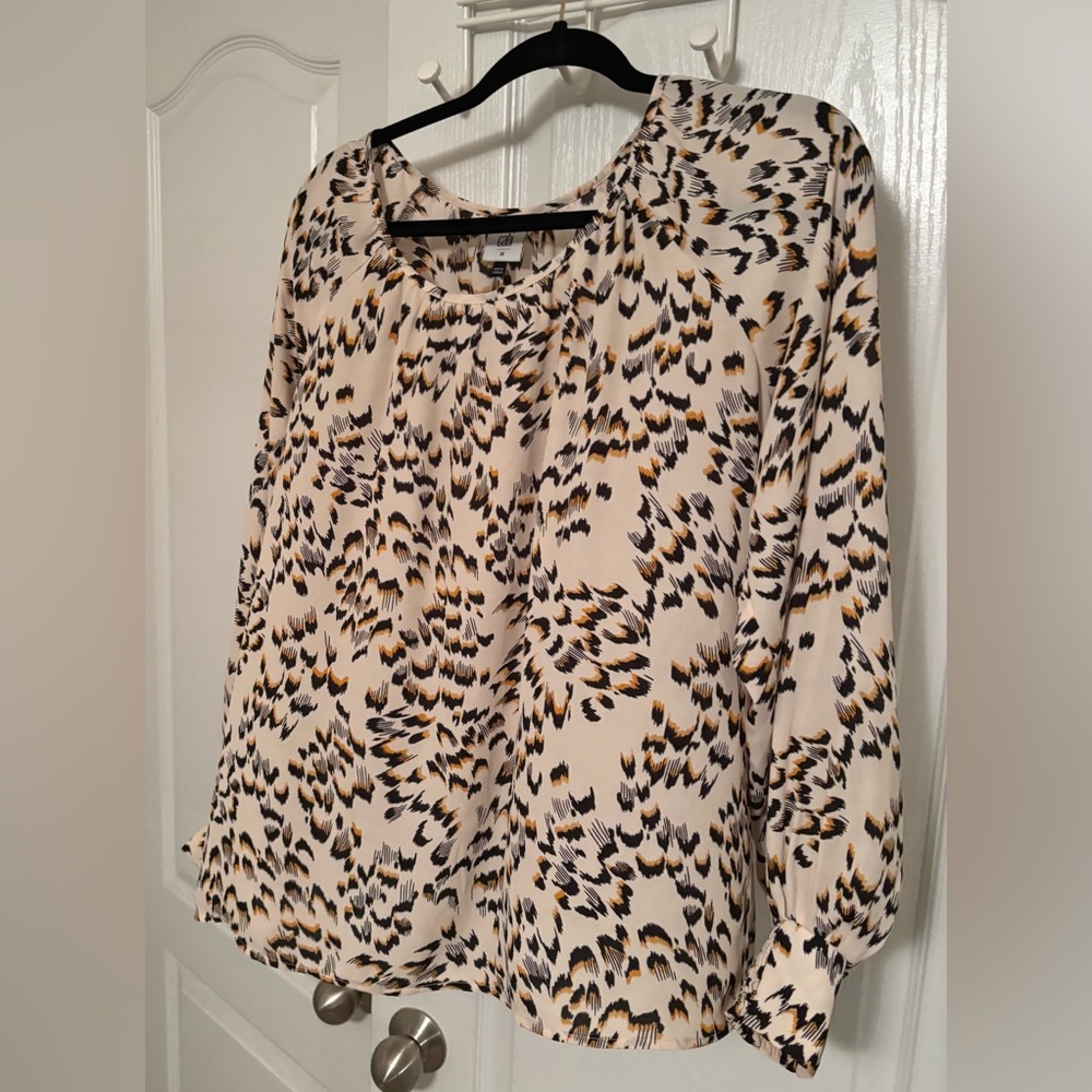 CAbi Tan Pleated Blouse with Peter Pan Collar